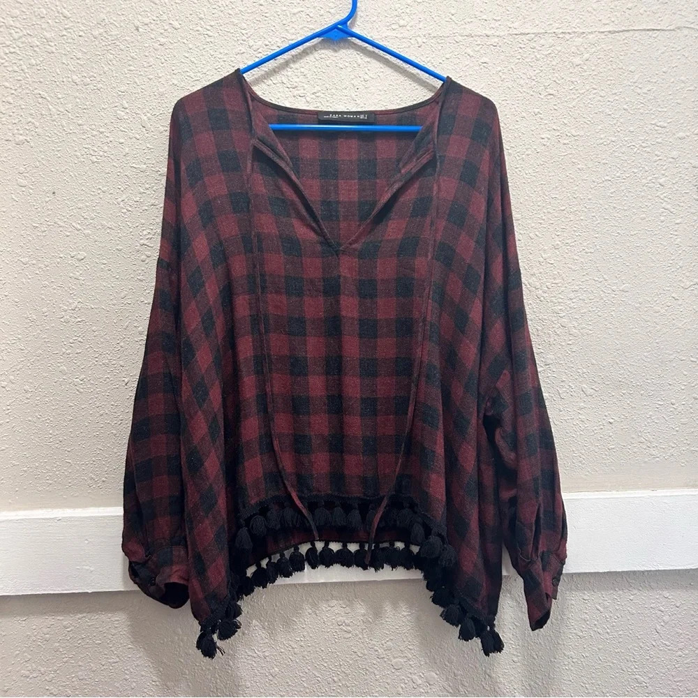 Zara Buffalo Check Oversized Top W Tassels